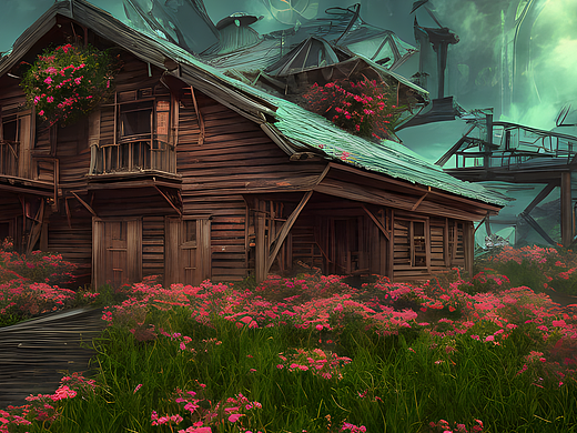 #站酷梦笔#花围绕的木屋,赛博朋克