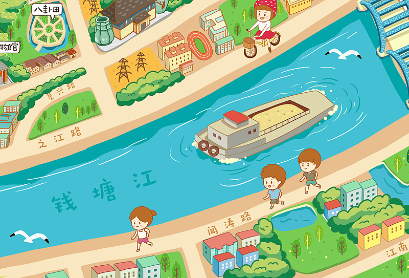 q版卡通杭州手绘旅游攻略地图