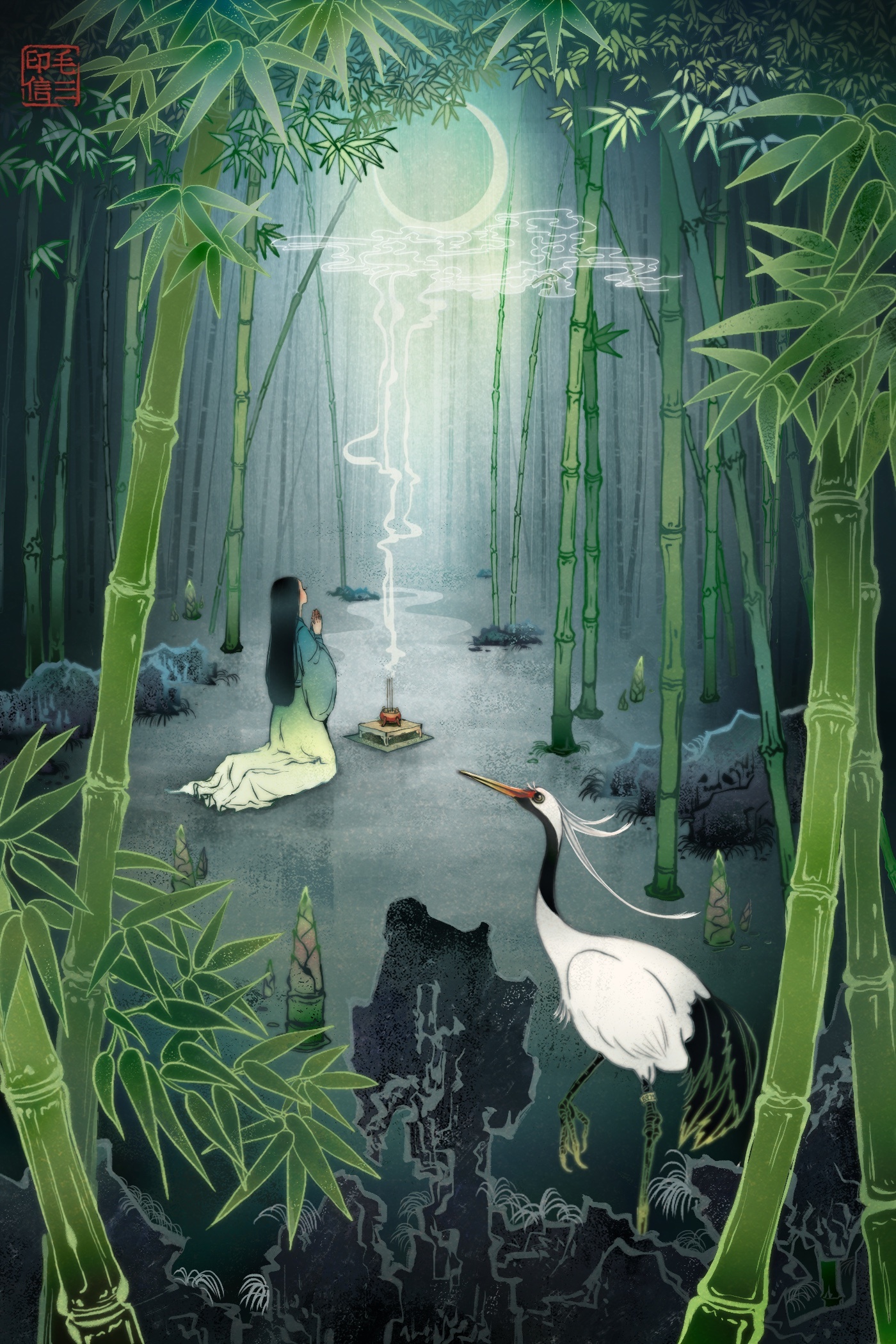 古风原创 瓷器质感插画 6p 竹鹤荷雀