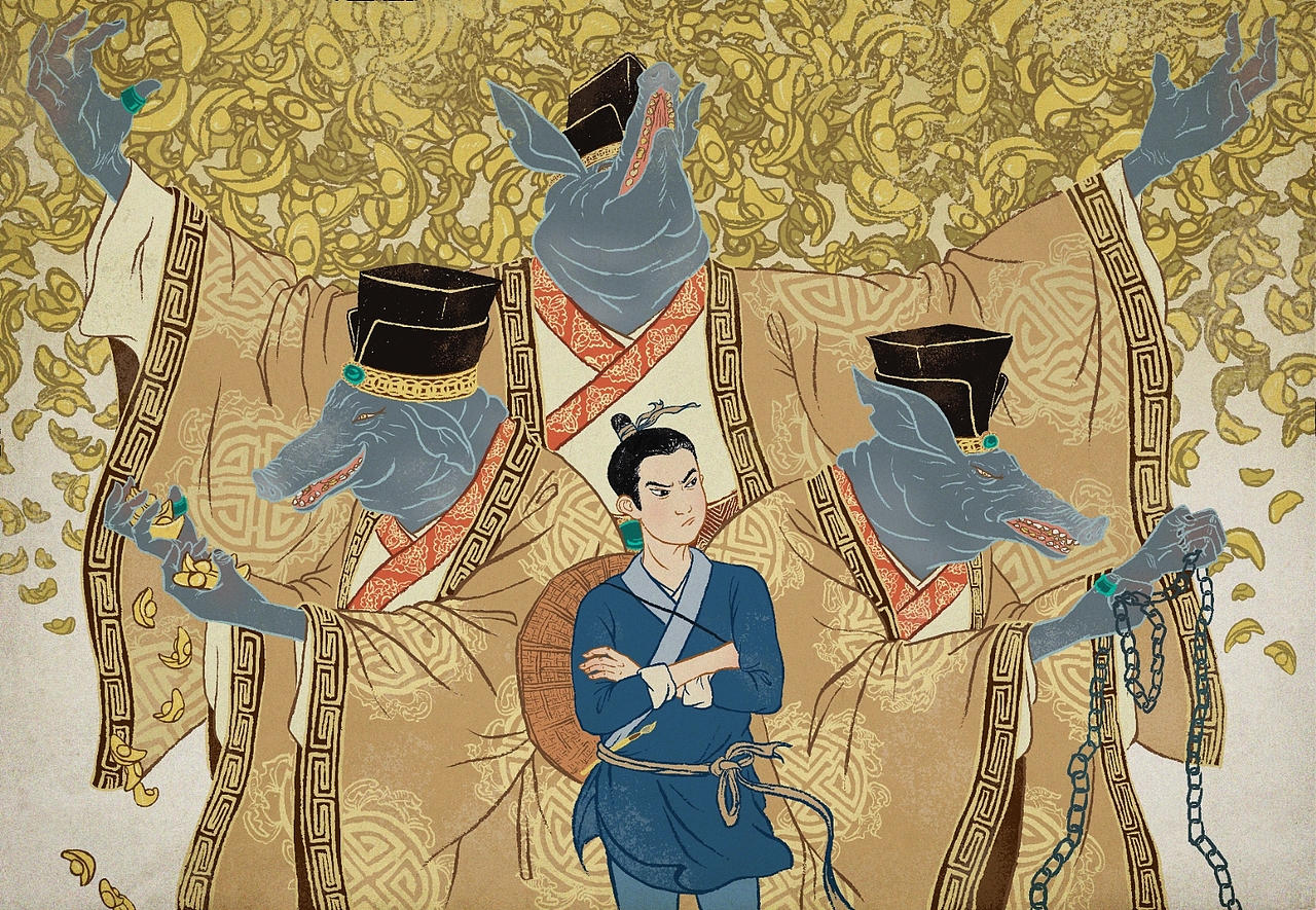 其四财主威逼、讨好马良画金银财宝。