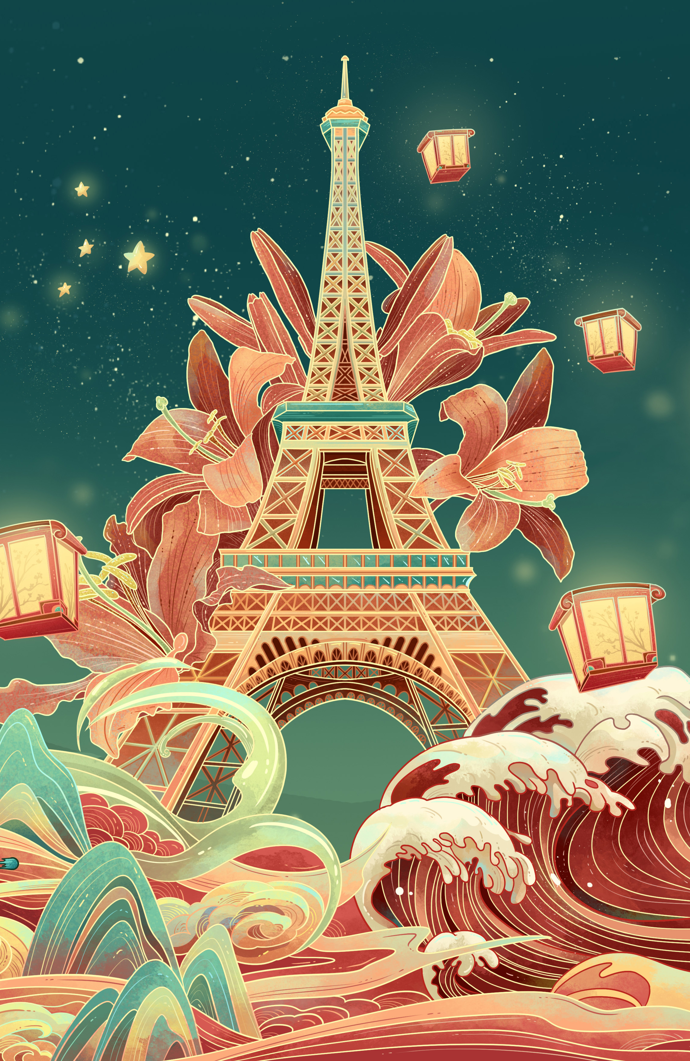 插画运营插画宣传海报插画出版物插图奥运会巴黎铁塔运动员国风运动