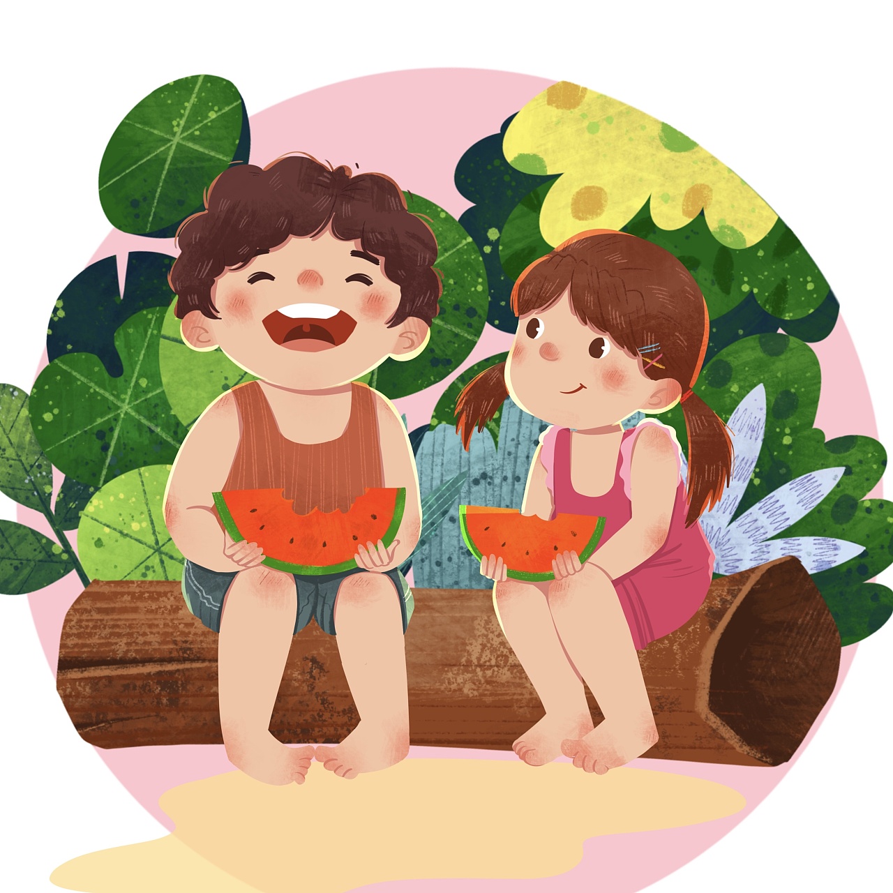 夏季男孩女孩在沙滩上玩耍卡通插画图片-千库网