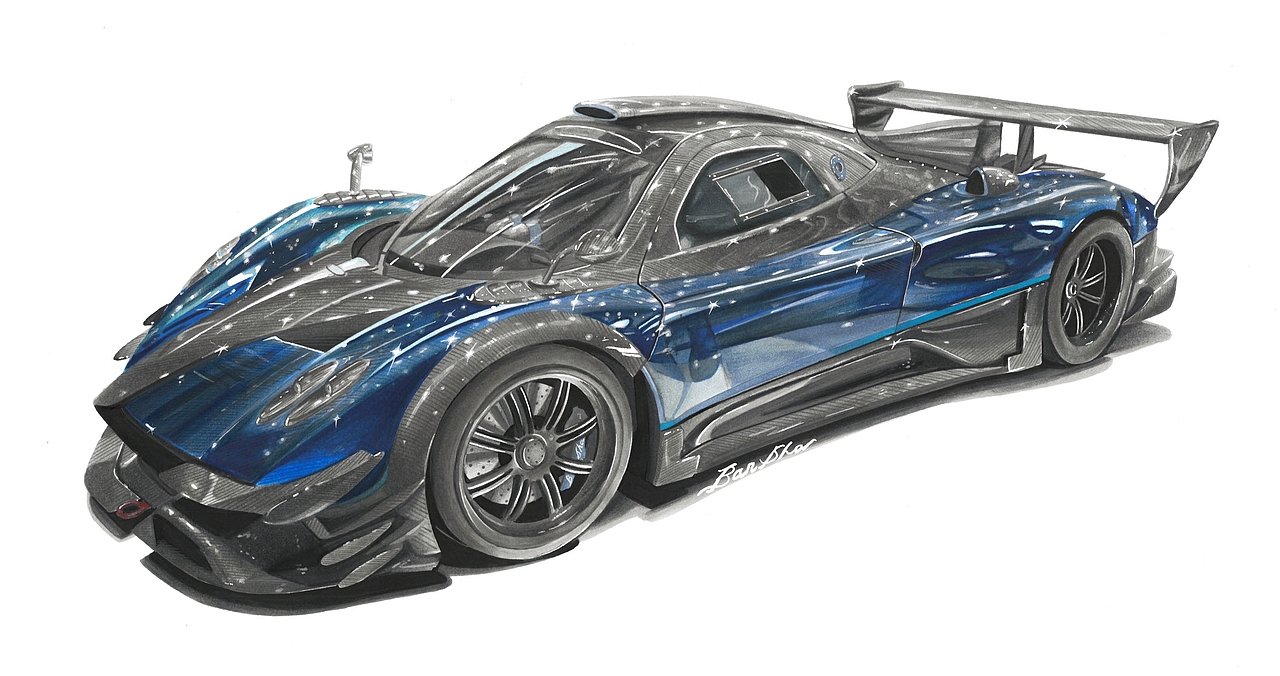 马克笔彩铅手绘汽车手绘帕加尼zondar蓝碳