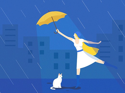 动画下雨天-雨中的猫-打伞