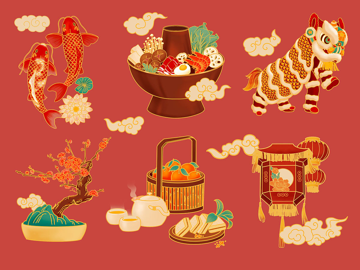 国潮风元素新年插画2021牛年