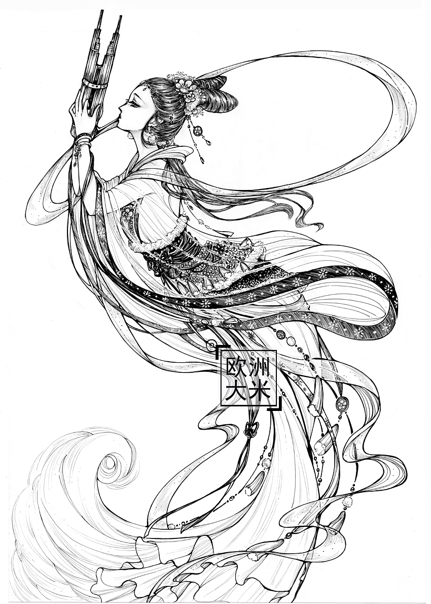 黑白线描古风古音律拟人|插画|艺术插画|欧洲大米omiz_原创作品-站酷