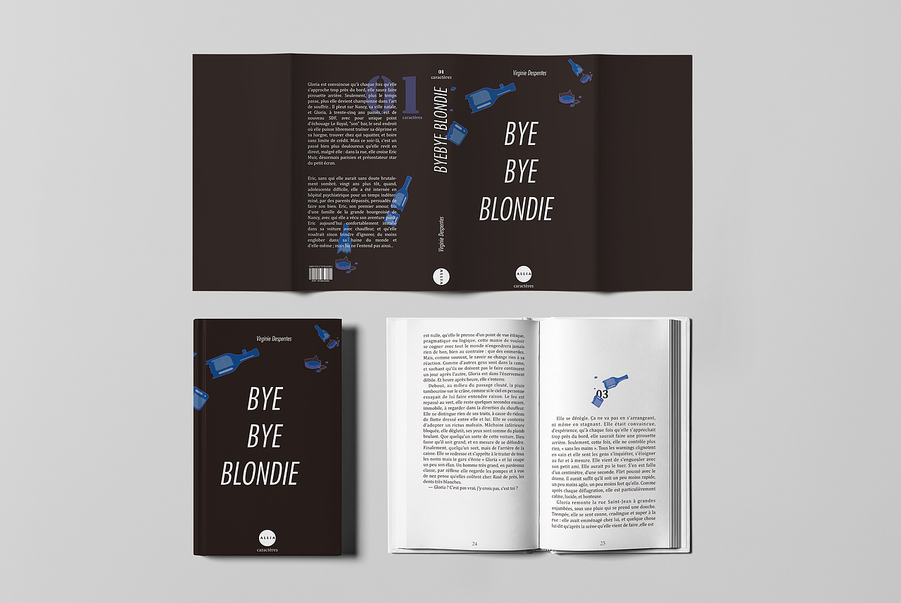 第一本书描述的女主人公因为从小没有正常的得到家庭的关爱,所以导致性格古怪,暴力,酗酒,甚至一度住进精神病院治疗,她渴望爱,但却总会将爱她的人推到很远。我用了破碎酒瓶的元素,去阐述这个故事中的酒精和暴力,辅助色调为深蓝色,代表着忧伤。