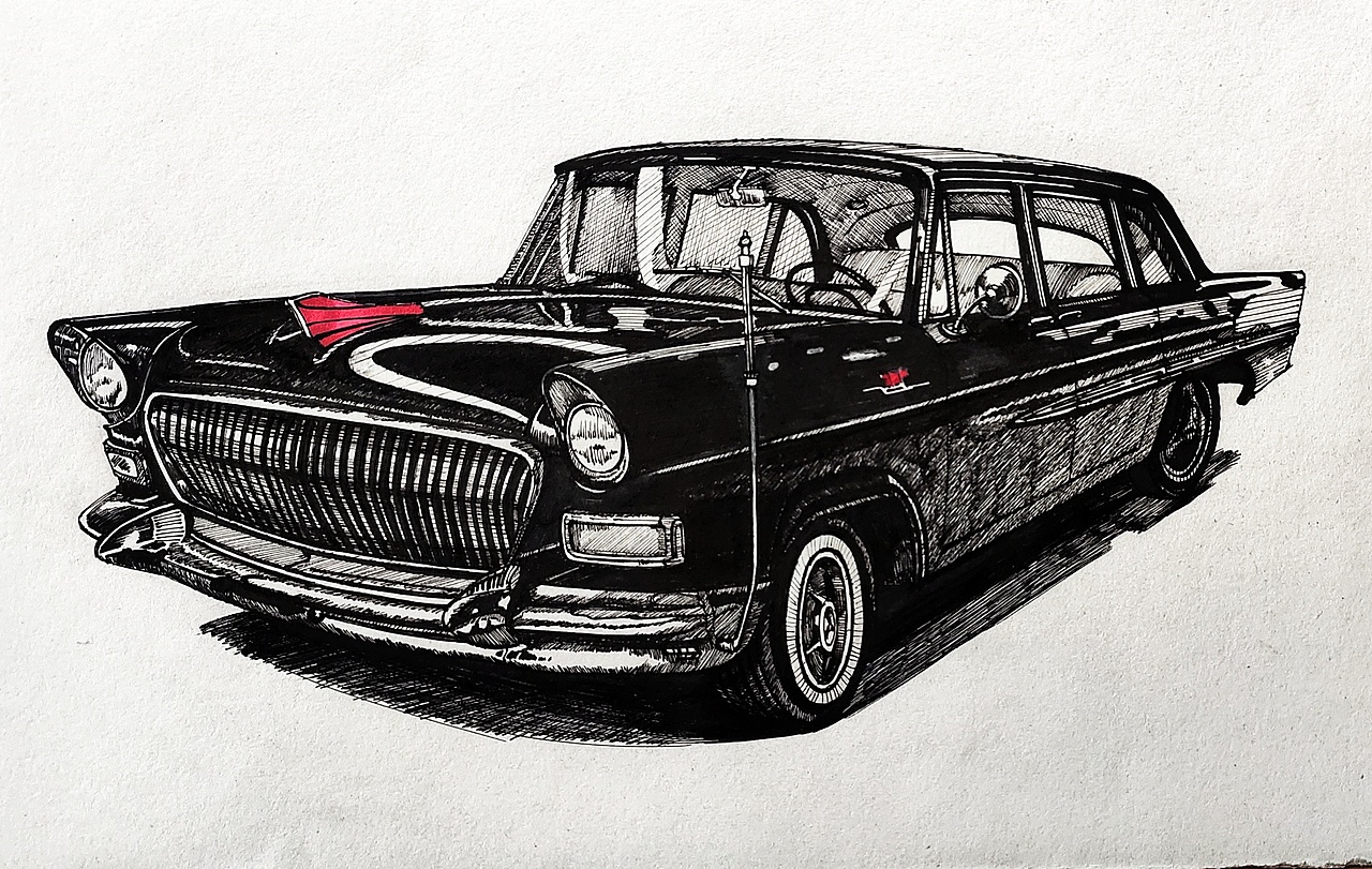 汽车手绘中性笔画之红旗轿车ca72