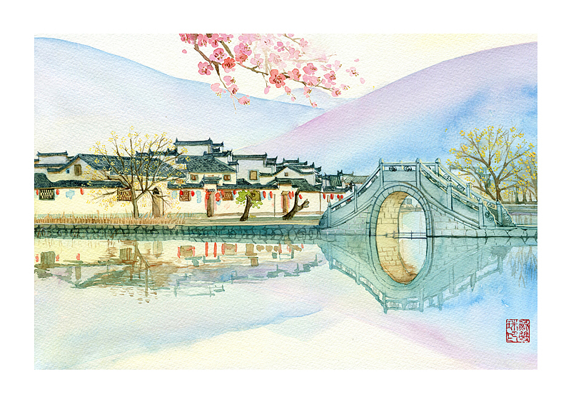 手绘城市系列——《安徽宏村》（图ZMjU3MDkzMjg=） - 商业插画 - 站酷设计师阿骨AOKI原创素材 - 站酷ZCOOL