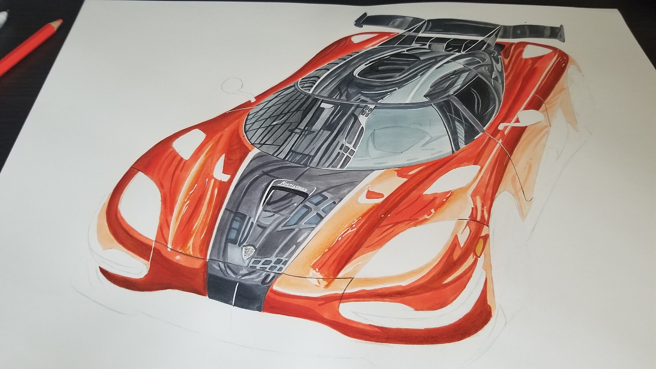 汽车手绘 马克笔彩铅手绘 柯尼塞格agera-xs