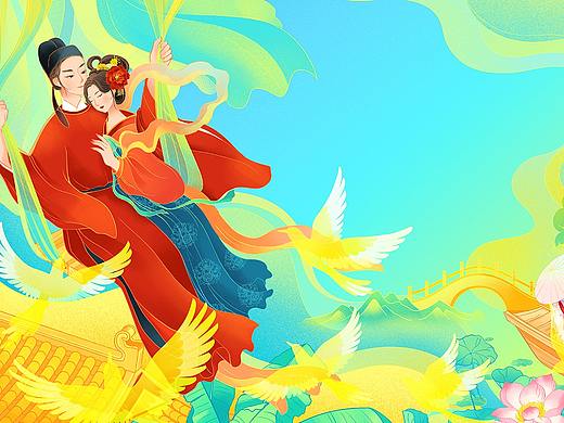 七夕唐朝情侣与牛郎织女国潮插画