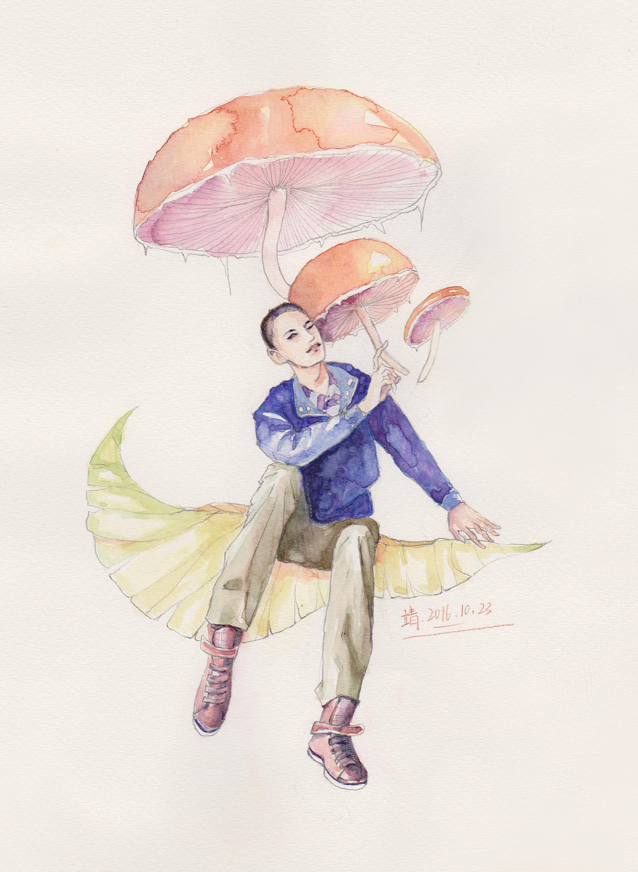水彩插画-《蘑菇与少年系列》（图ZNjE4ODIxMzI=） - 艺术插画 - 站酷设计师包装设计师靖娣原创素材 - 站酷ZCOOL