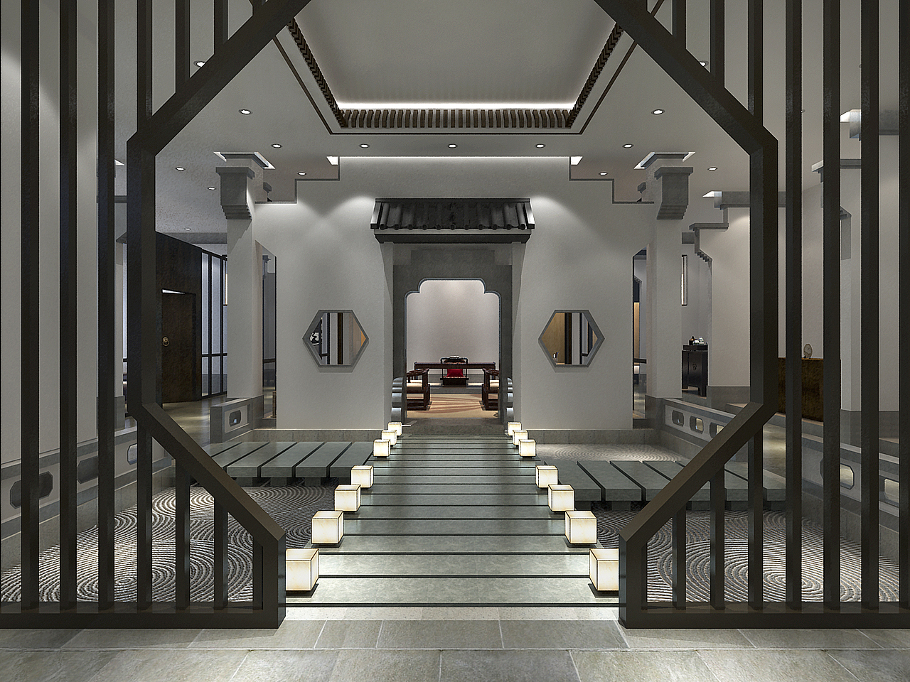 经过八角门是表演区入口,是由徽派门楼进行简化而来的,墙体两边依旧是