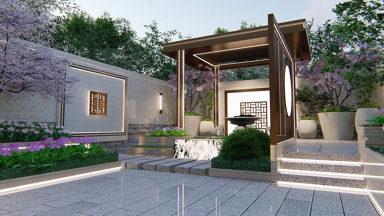 城市别墅新中式景观庭院设计夜景气氛表现（图ZMzIyNDIyNDM2） - 景观设计 - 站酷设计师温澜潮生_ewan原创素材 - 站酷ZCOOL