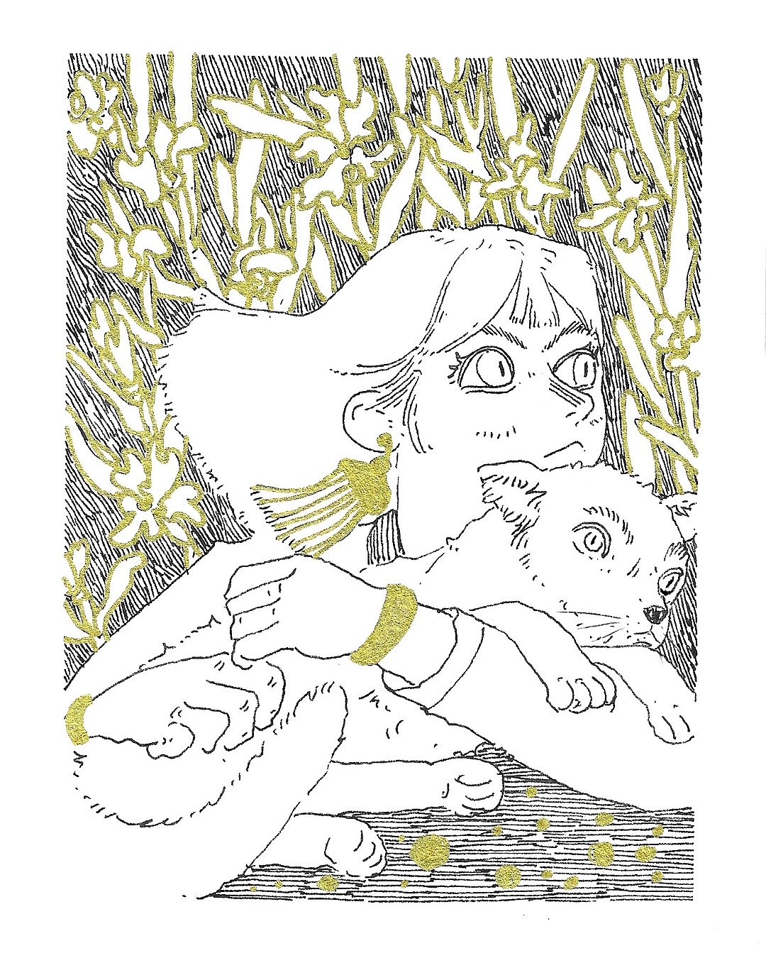 钢笔画插图|猫 少女和鲜花