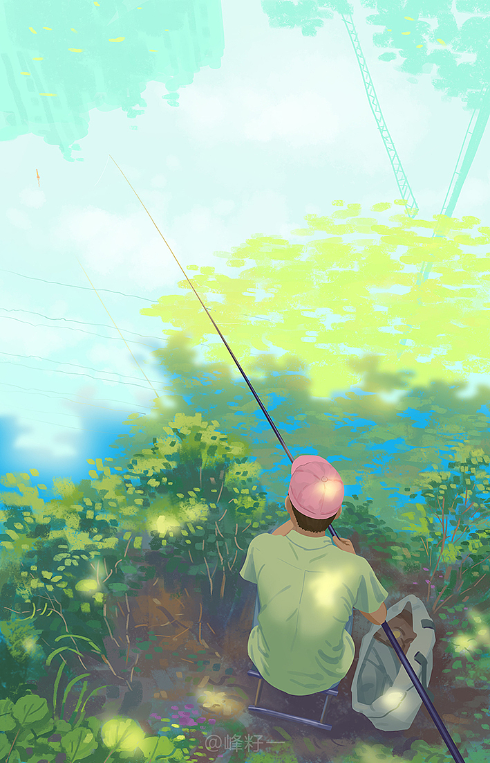 《戴粉红帽子钓鱼的人》