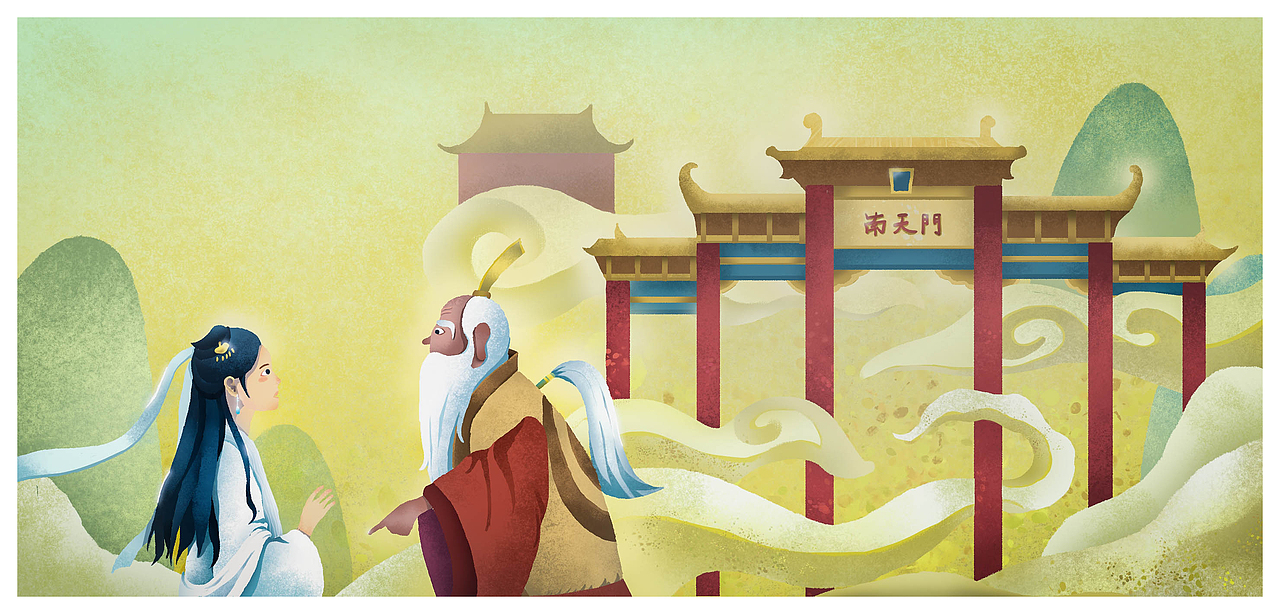 天庭上,白素贞向南极仙翁询问那年吐汤丸的孩童,欲报答恩情