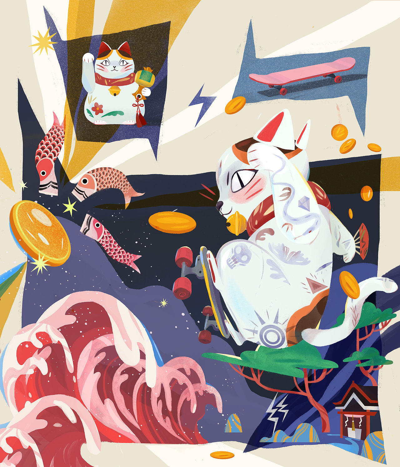 招财猫+滑滑板（图ZMTMwMjU4MzQw） - 艺术插画 - 站酷设计师中鸟ZhongNiao原创素材 - 站酷ZCOOL