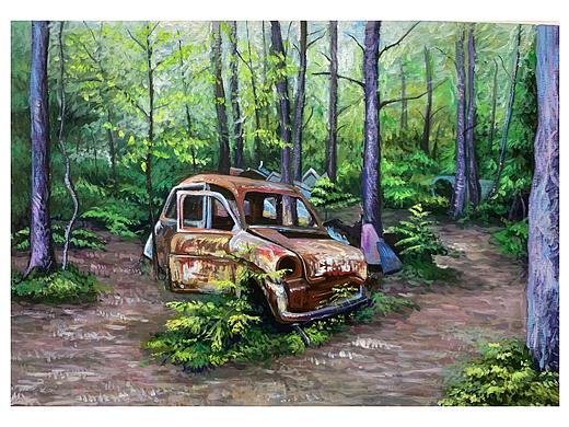 水粉画 森林 废弃汽车