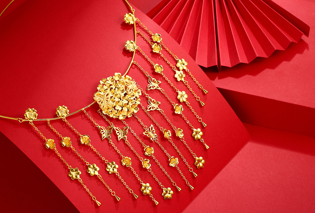 红底 中国金 中国红 婚庆饰品 黄金饰品 项链