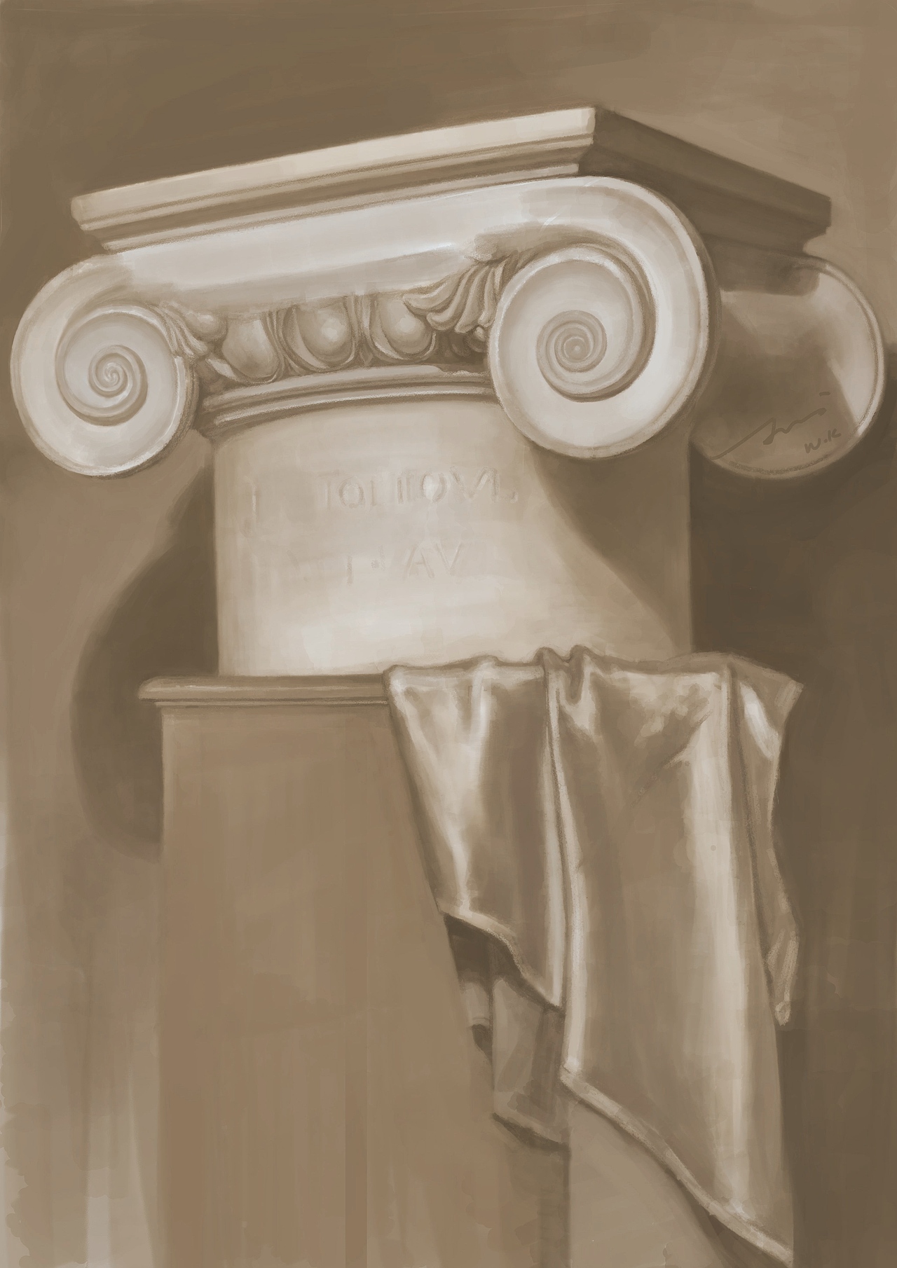 发现一张很棒的俄罗斯画家的罗马柱头写生素描作品,原画写生于1952年