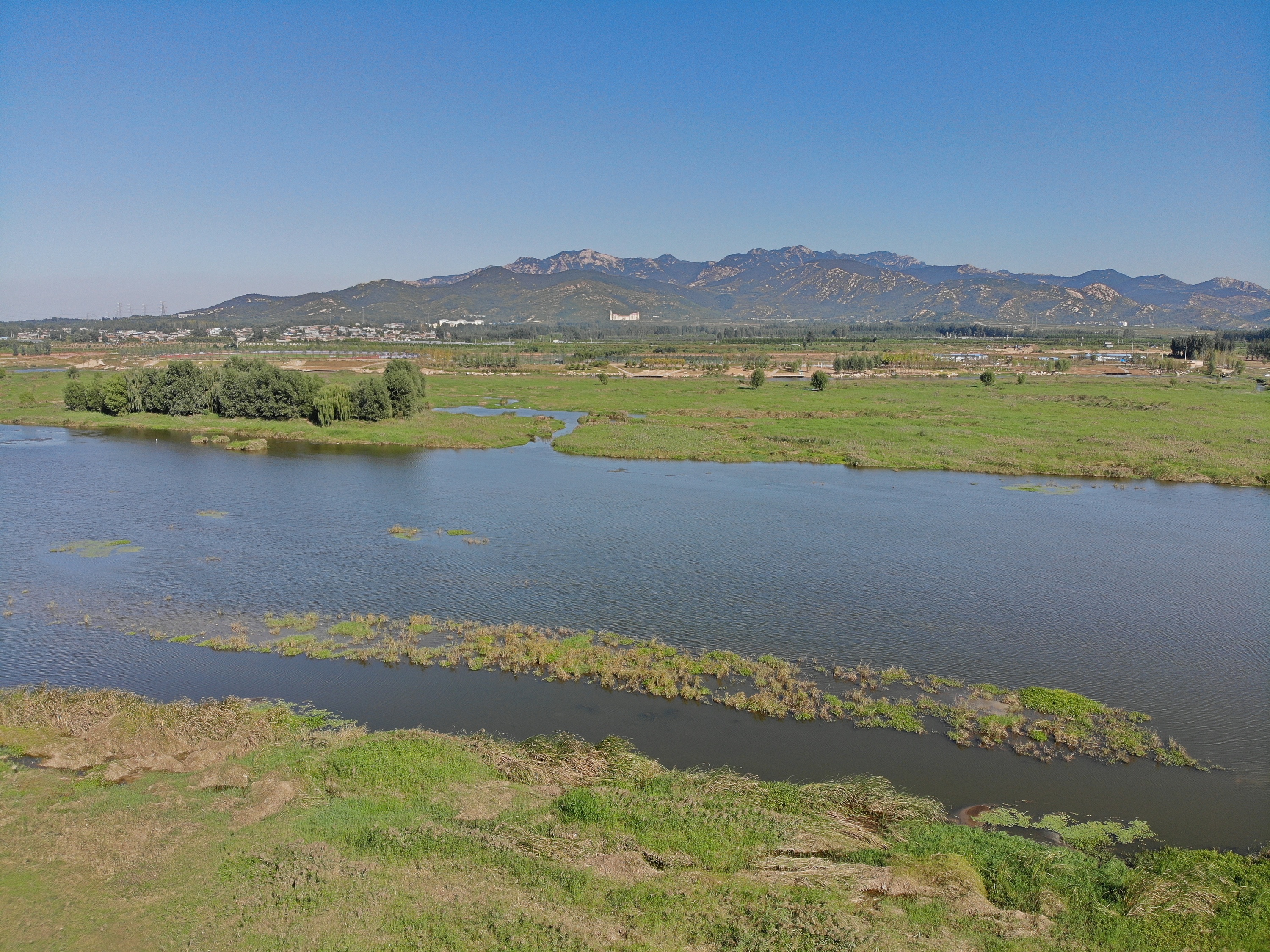 泰安大汶河湿地公园 北集坡湿地公园航拍美丽风景