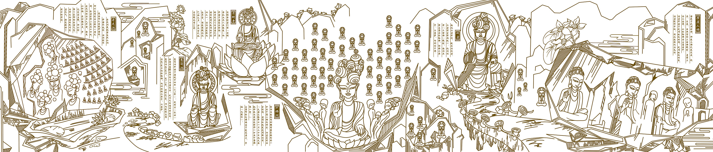 龙门石窟全景图形创意,线描图形