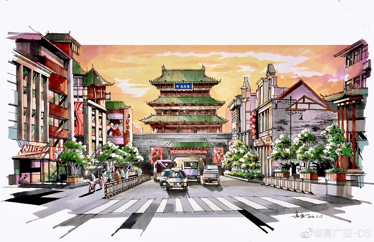 写生~夕阳下的开封马克笔手绘效果图