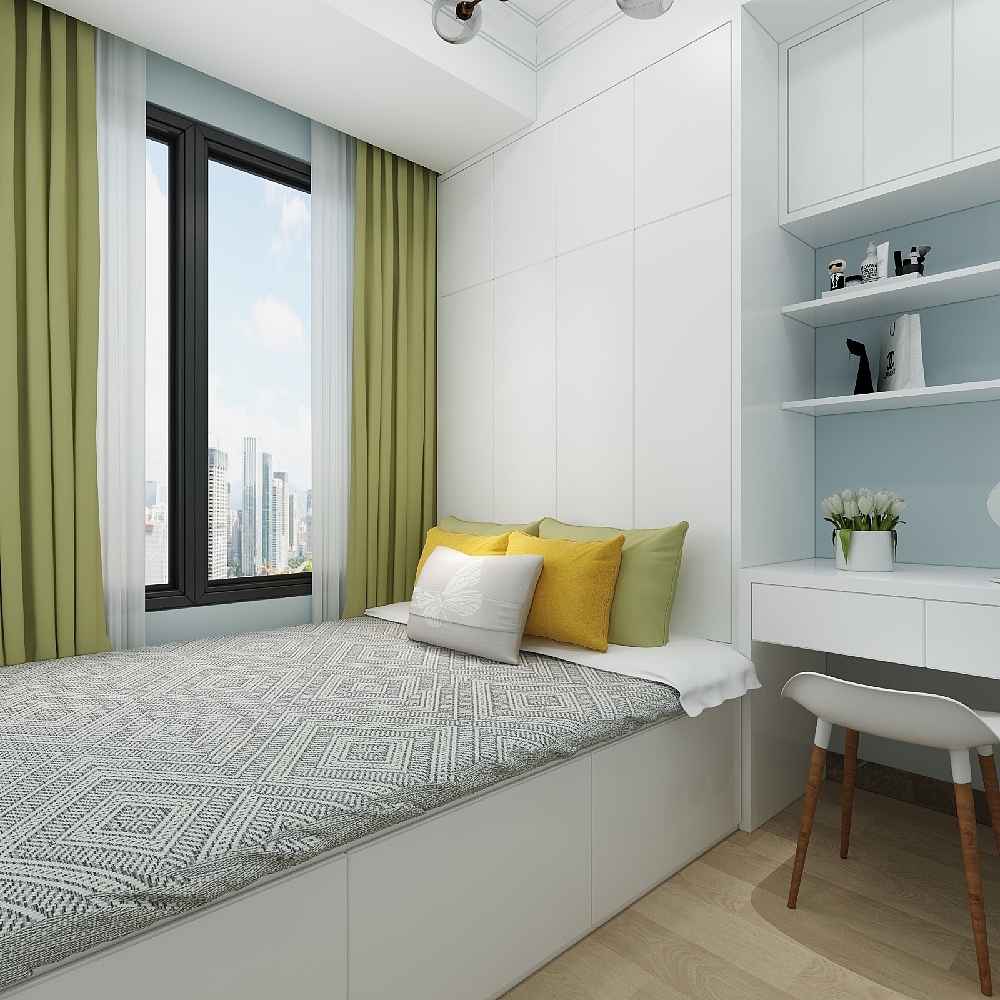 卧室设计了很简约的榻榻米,收纳不需要担心了,功能性也很强大