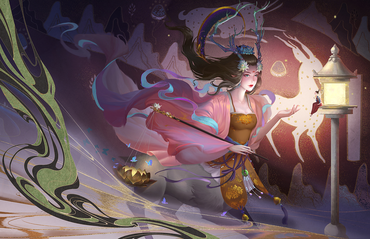 《敦煌——鹿王降臨》（圖ZMjMzMTQ1ODIw） - 商業(yè)插畫 - 站酷設(shè)計師海魚咸咸原創(chuàng)素材 - 站酷ZCOOL