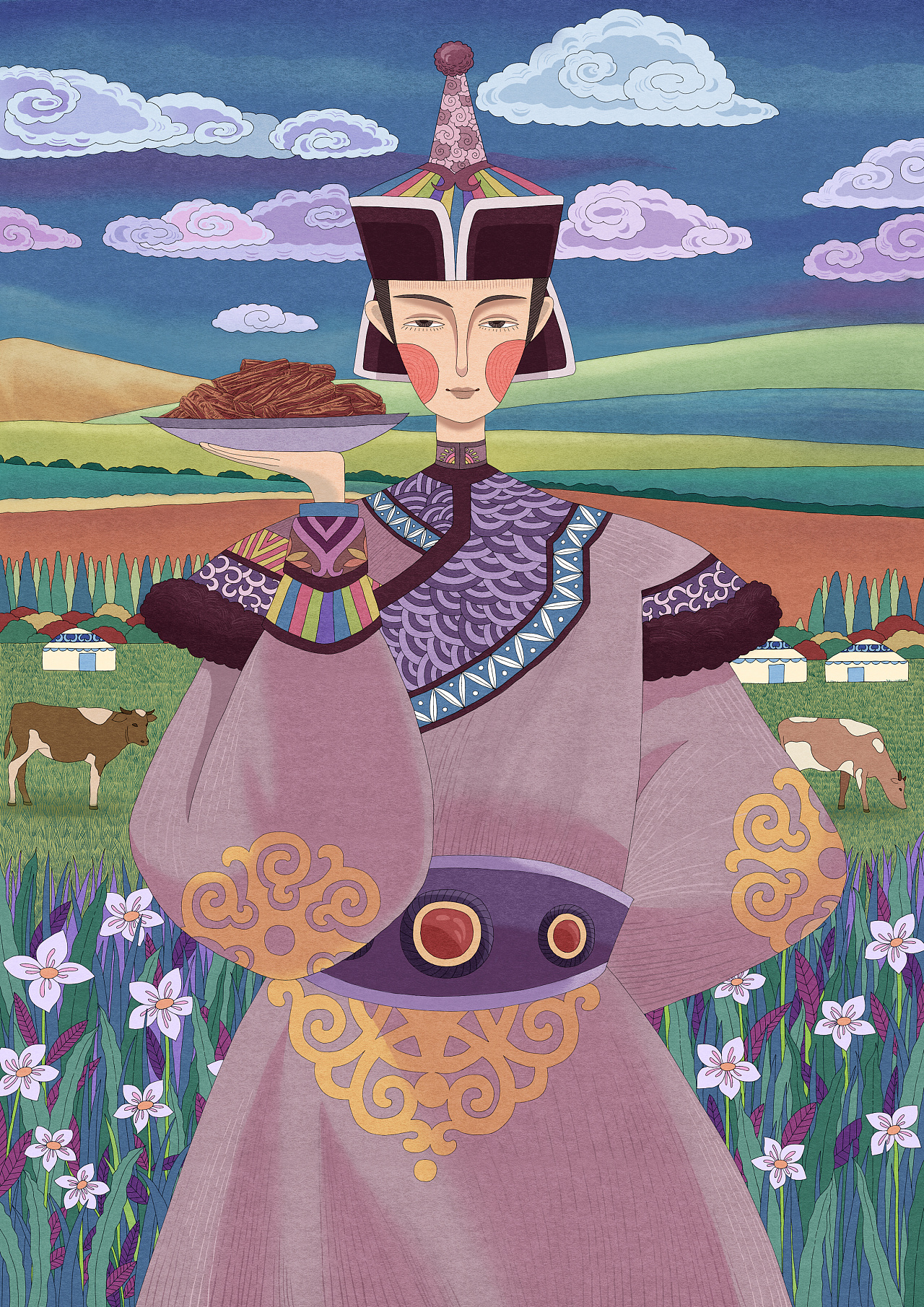 给内蒙牛肉干产品绘制的插画  元素有大草原啊 牛啊 白云啊 蒙古包啊