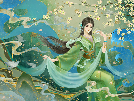 上巳汉服活动 一只萌妹593秋月半弯线圈插画生肖《巳季平安》338智绘