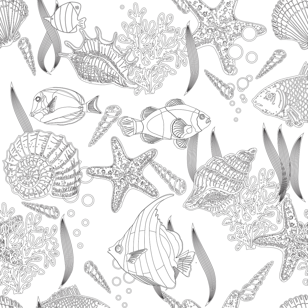 多品种海洋生物黑白手绘矢量图案花纹素材Sea Creatures hand drawn seamless pattern - 设计口袋
