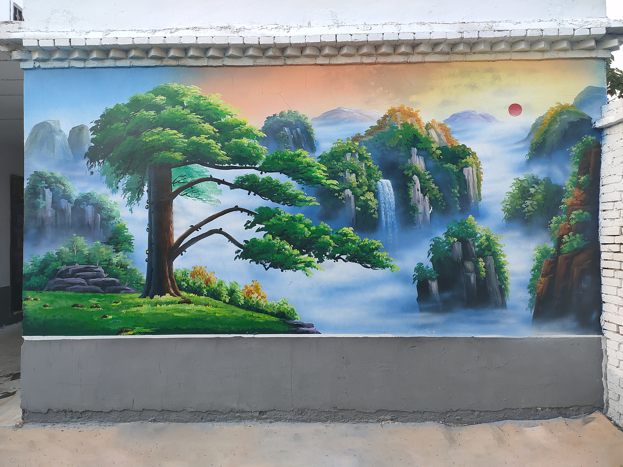 迎客松油画墙绘家装墙绘风景墙绘