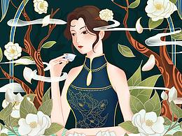 茉莉花茶旗袍女子茶葉插畫包裝