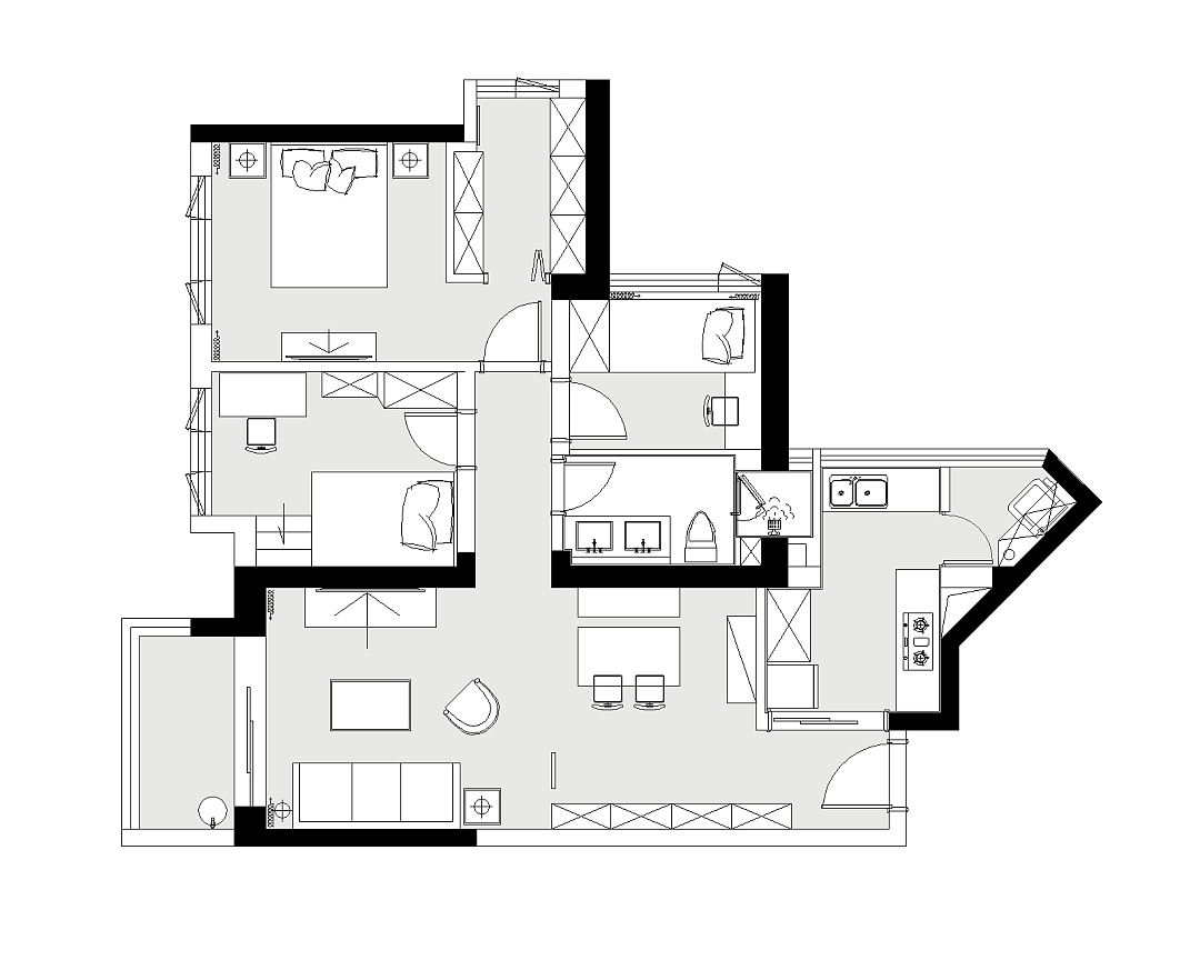 针对此户型的结构和业主的诉求,我们做了以下改造:
1.把厨房门的开在过道,原厨房门的位置放置一个餐边柜;<br>2.餐厅放置条凳,餐桌尽量靠墙放,腾出空间在对面做一排储物柜,满足鞋柜,餐厅及客厅的储物收纳;<br>3.打通厨房和生活阳台之间的墙体,扩大厨房,缩小生活阳台面积,卫生间墙体往厨房外移35公分,形成一个小窗与外界通风采光,避免了洗手间的窗户直接面对厨房。