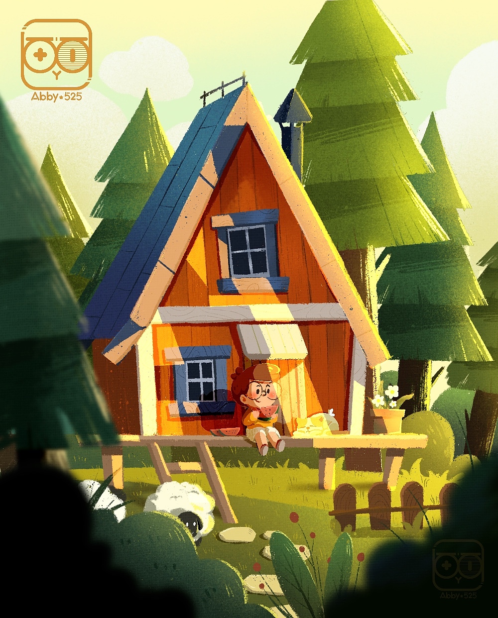 林中小屋吃西瓜（图ZMjkzMTY4NDI0） - 儿童插画 - 站酷设计师Abby_525原创素材 - 站酷ZCOOL