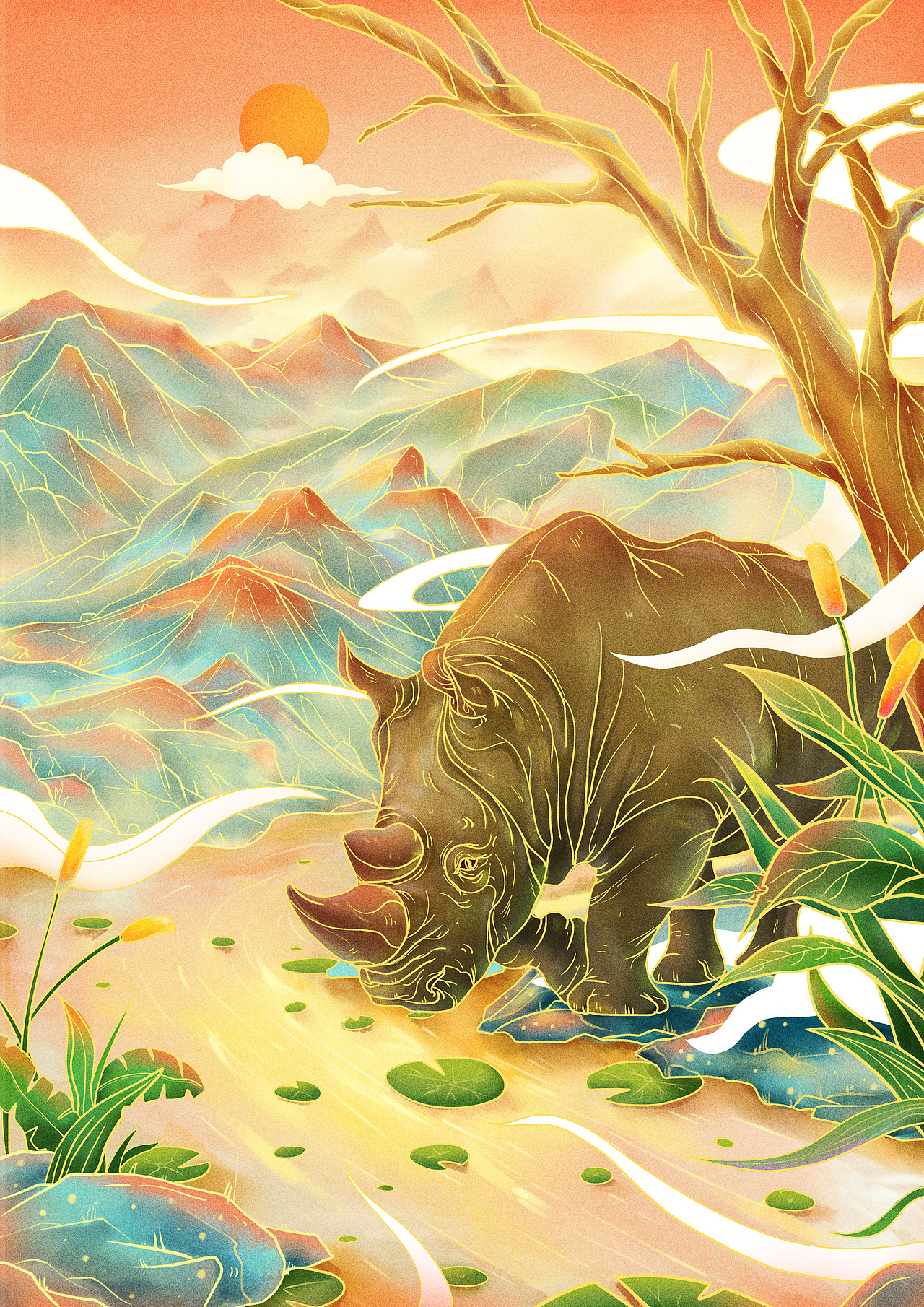 工笔国风插画——犀牛