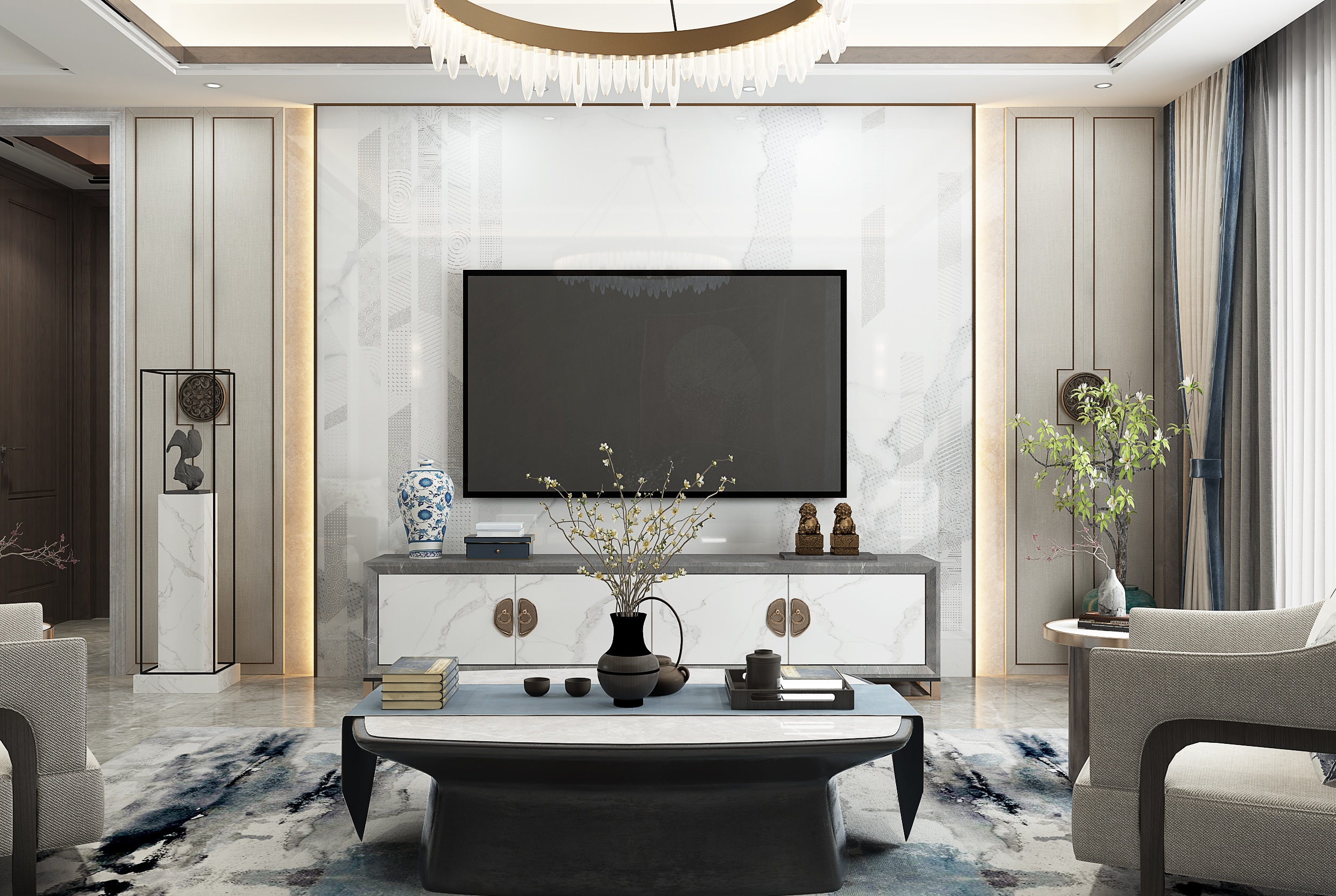 黑色木纹白色油漆板电视柜茶几斗柜效果图_绘梵空间设计-站酷ZCOOL