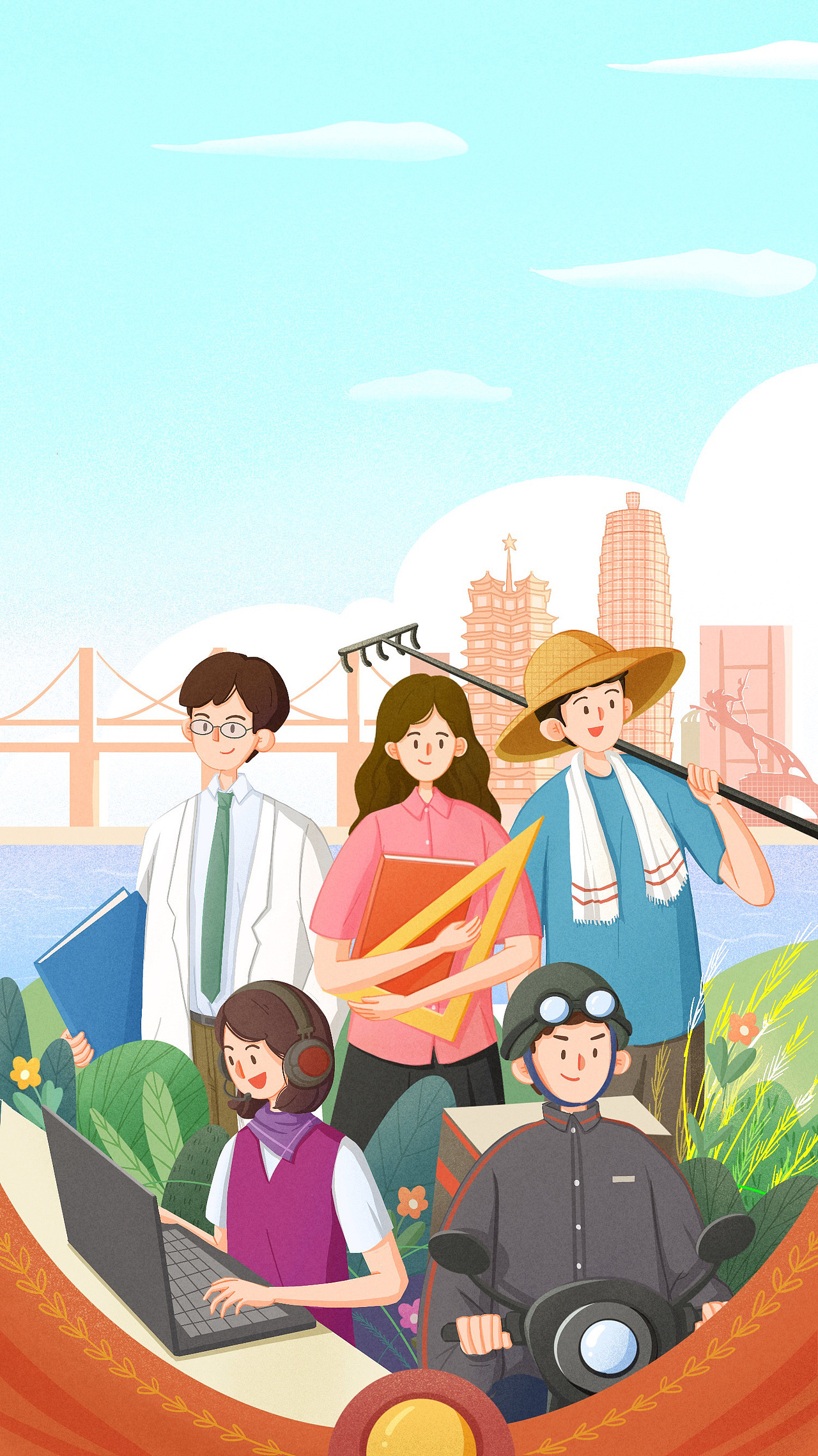 五月
所有劳动者的节日。背景元素包含河北的地标建筑大玉米，二七塔，大铜马等，主题为各行各业的劳动者。致敬所有劳动人民为河北的城市建设所做出的贡献。