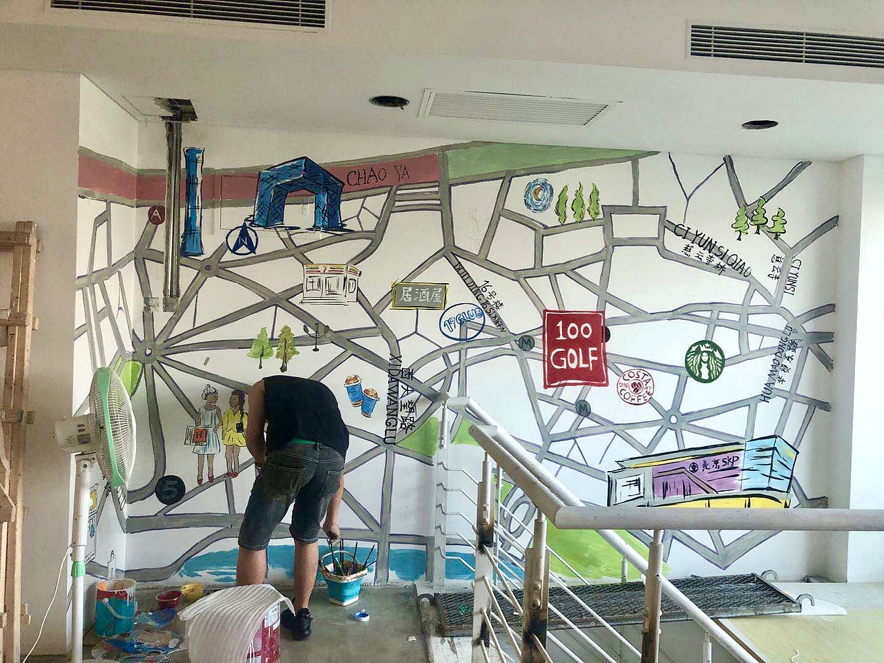 墙绘插画设计,北京著名地标地图