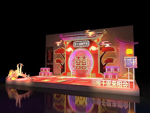 国潮七夕美陈展示设计3D效果图