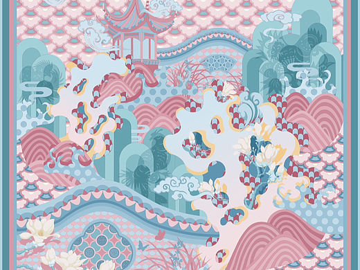 《水云涧》国风丝巾插画设计