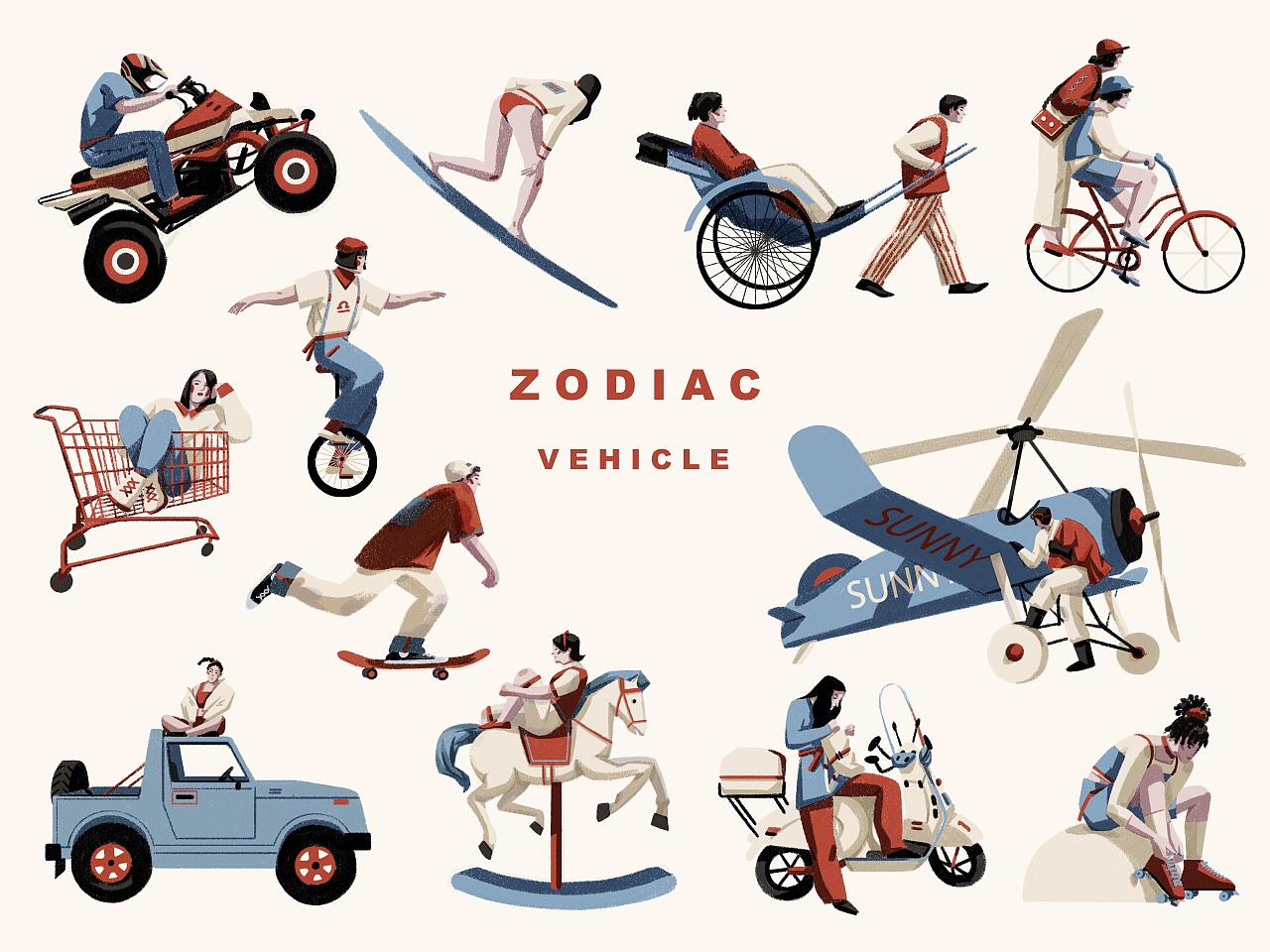 项目2: Zodiac & Vehicle
根据十二星座的人物性格结合某个感兴趣的元素做spot illustration.再以自己的星座为主角画完整插画, 我选择了十二星座和交通工具。画了白羊座在滑滑板的两张图。