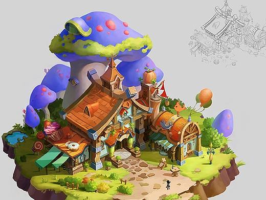 游戏场景原画，Q版建筑设计