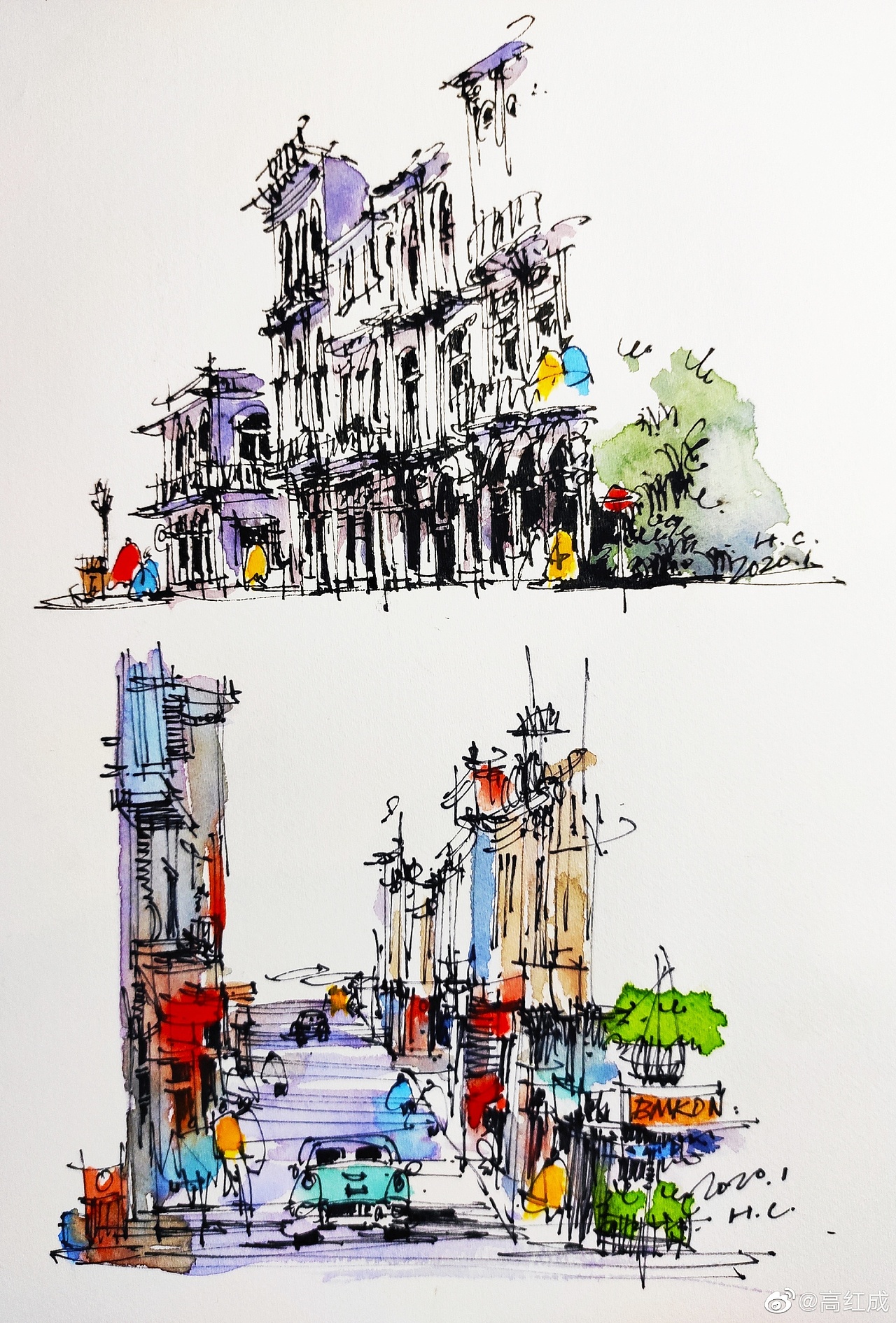 钢笔淡彩建筑风景速写