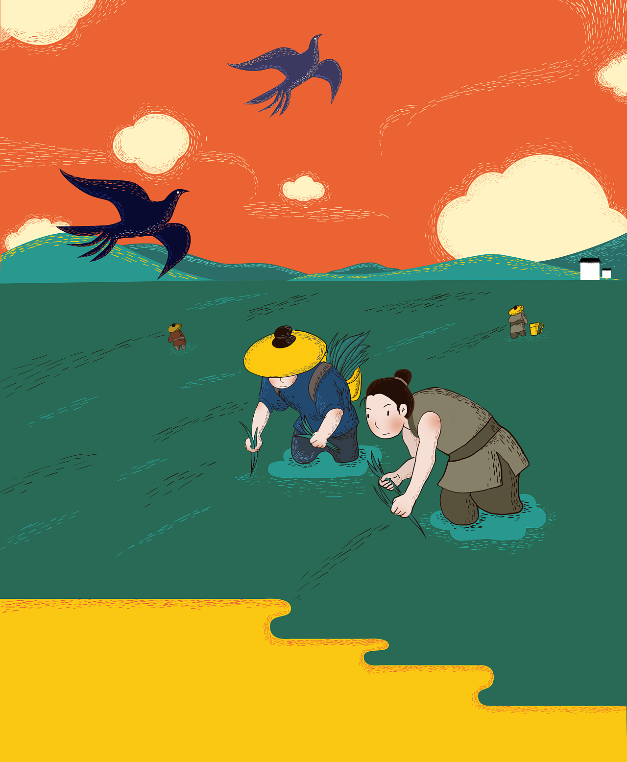 儿童插画 插秧的农人|插画|儿童插画|眠千山 - 原创作品 - 站酷