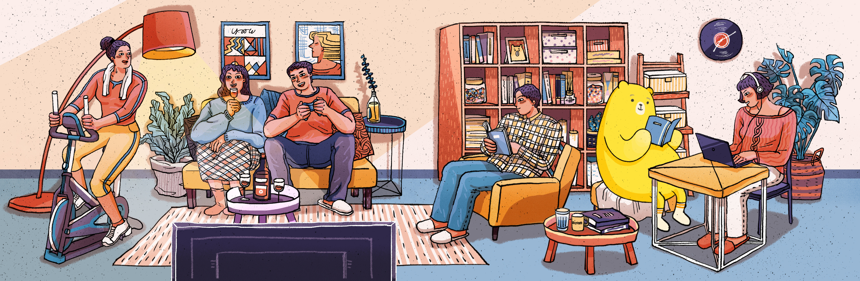 0自如客服微博背景插画 客厅与室友