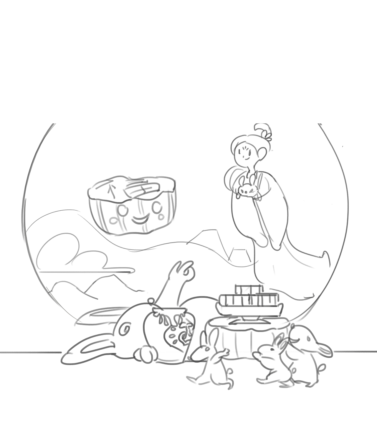 一个故事:
中秋将至,兔爷痛饮。朦胧之间它的嫦娥姐姐离月而来。月色多么好,佳酿多么甜,连月饼都飞舞起来。咦?仙子的怀中怎有他兔?是不是没有看到我?遂抬起醉掌赶忙挥舞示意。<br>两个人儿:<br> 简单的相望,深深的爱情。远处的弓手正是后羿,多少年的等待只为一个回眸。“明月几时有,把酒问青天。不知天上宫阙,今夕是何年。”<br>三个小兔:<br> 月饼年年有,今年尤其大。乘老大醉,将月饼运走分食,岂不快哉。