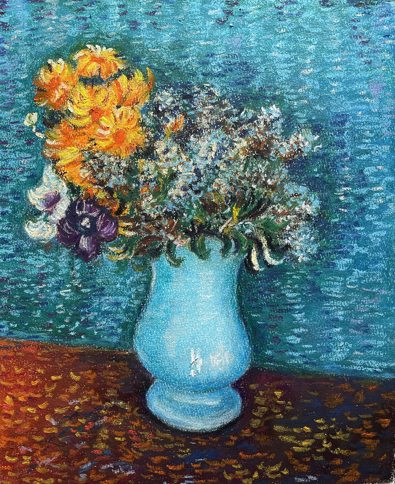 油画棒临摹梵高蓝色花瓶里的花束